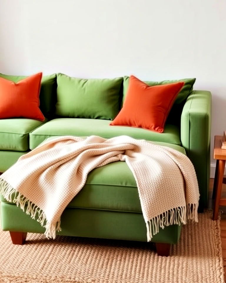 green sectional sofa and terracotta pillows - 20 Green and Terracotta Living Room Ideas