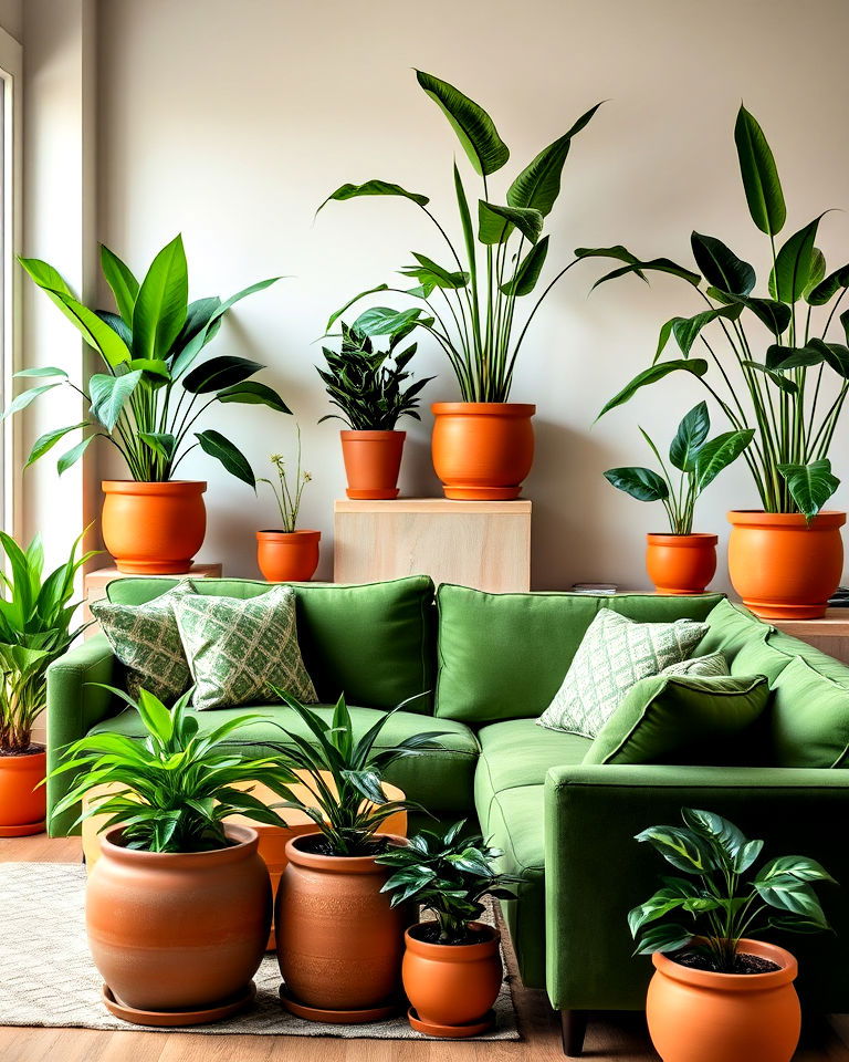 green sofas and terracotta planters for living room - 20 Green and Terracotta Living Room Ideas