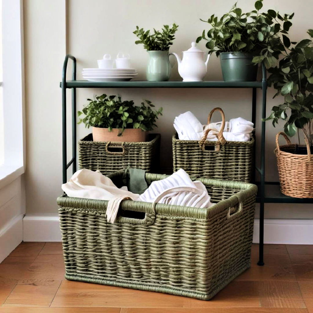green storage baskets to keep dining room organized - 40 Green Dining Room Ideas