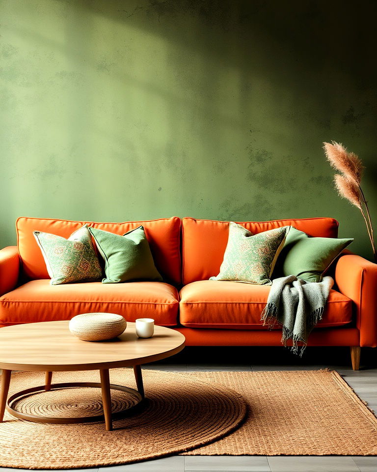 green textured walls with terracotta sofa - 20 Green and Terracotta Living Room Ideas