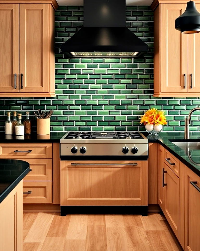 green tile backsplash with black countertops - 30 Black and Green Kitchen Ideas