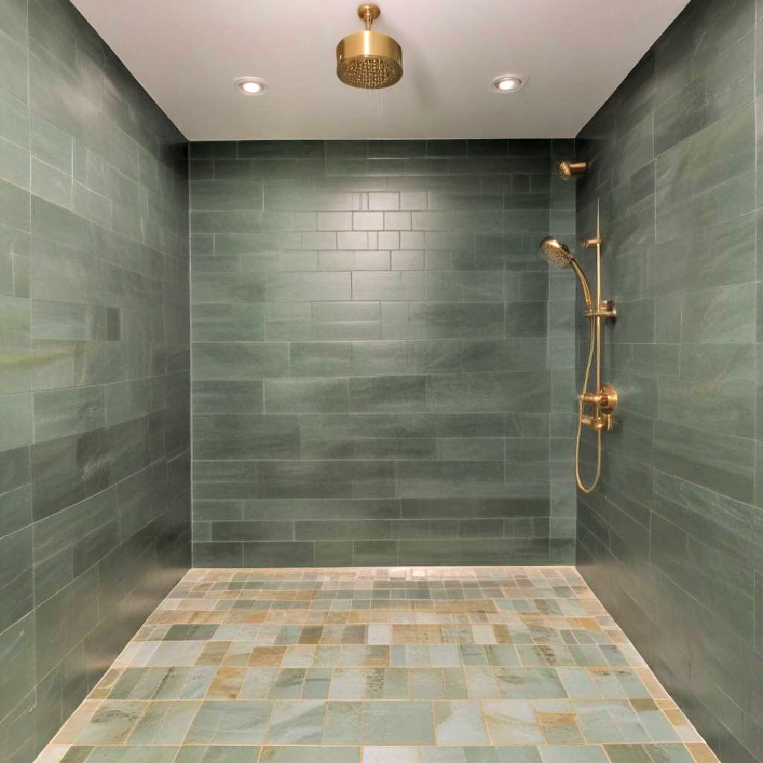 green tiles and gold showerhead - 20 Green and Gold Bathroom Ideas
