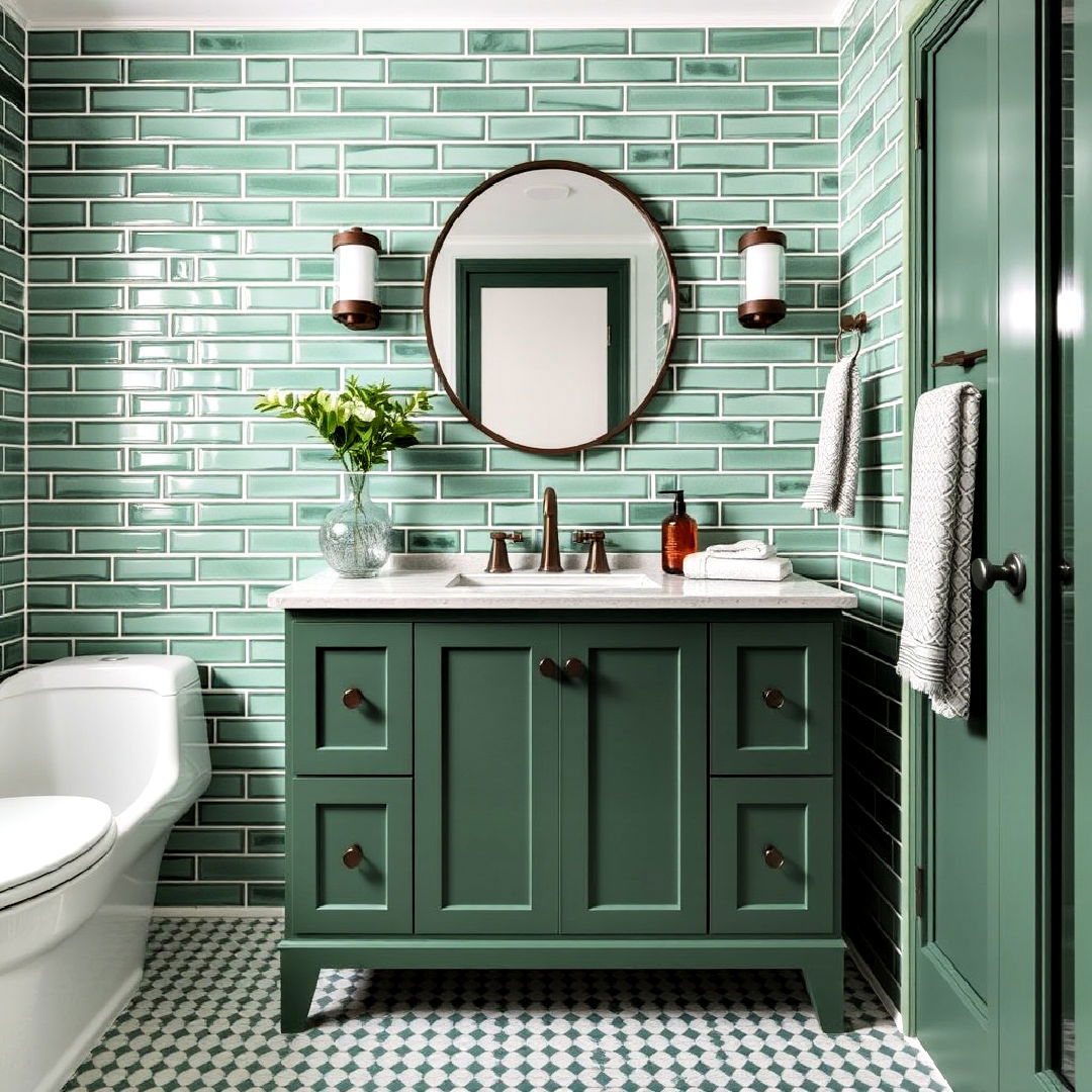 green tiles to create cohesive look - 15 Bathroom With Green Vanity