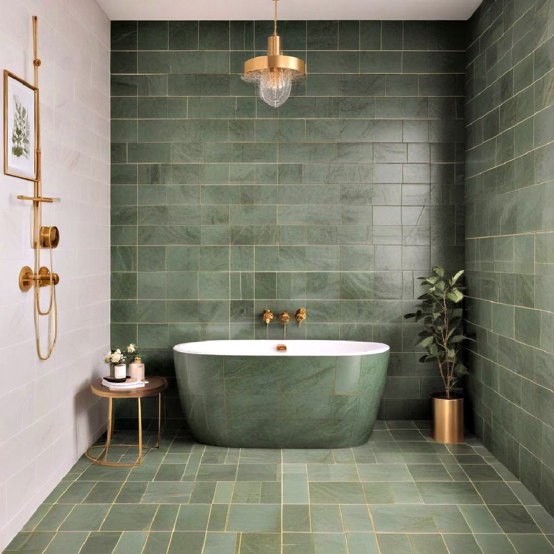green tiles with gold grout for green and gold bathroom - 20 Green and Gold Bathroom Ideas
