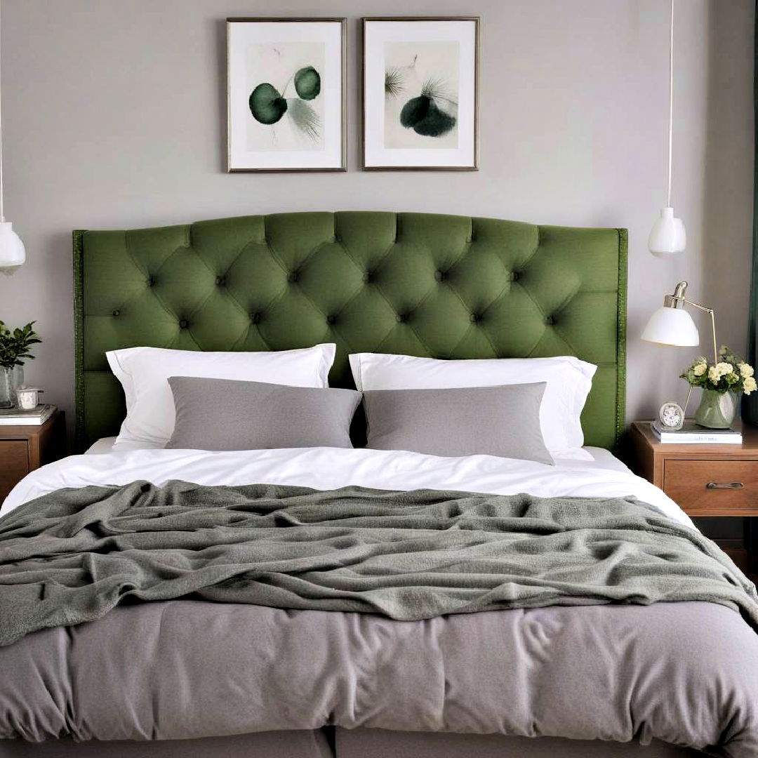 green upholstered headboard and grey bedding - 20 Green and Grey Bedroom Ideas