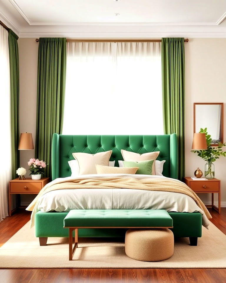 green upholstered headboard with beige accents - 30 Green and Beige Bedroom Ideas