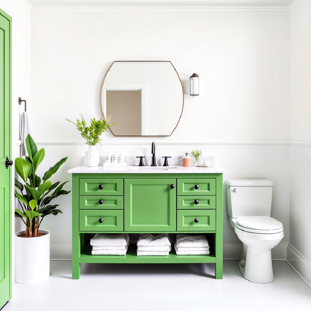 green vanity with crisp white walls - 15 Bathroom With Green Vanity