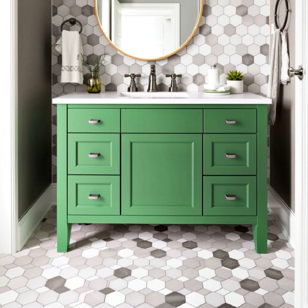 green vanity with hexagon shaped tiles - 15 Bathroom With Green Vanity