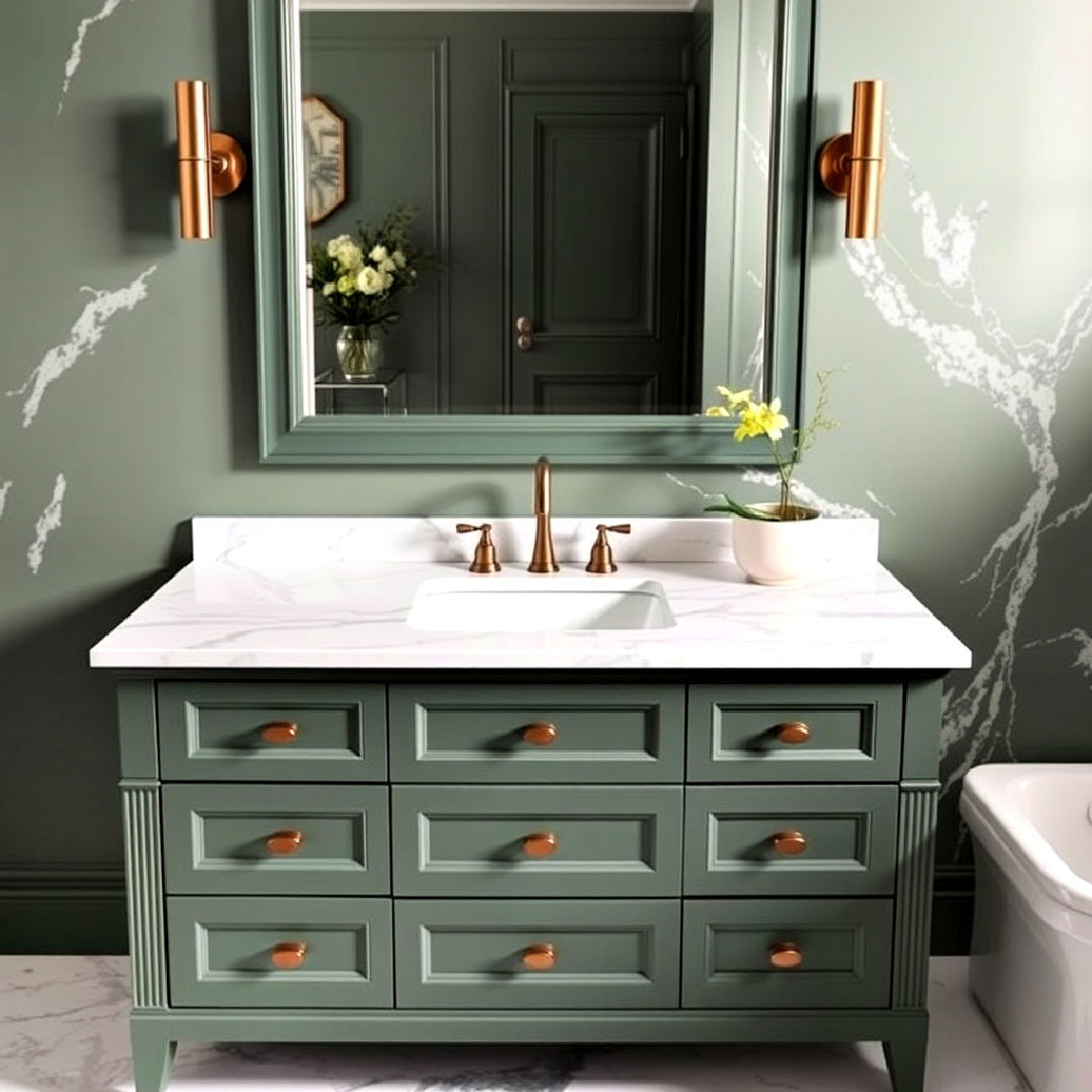 green vanity with marble countertop - 15 Bathroom With Green Vanity