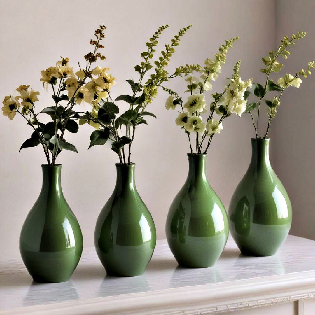 green vases filled with fresh flowers - 40 Green Dining Room Ideas