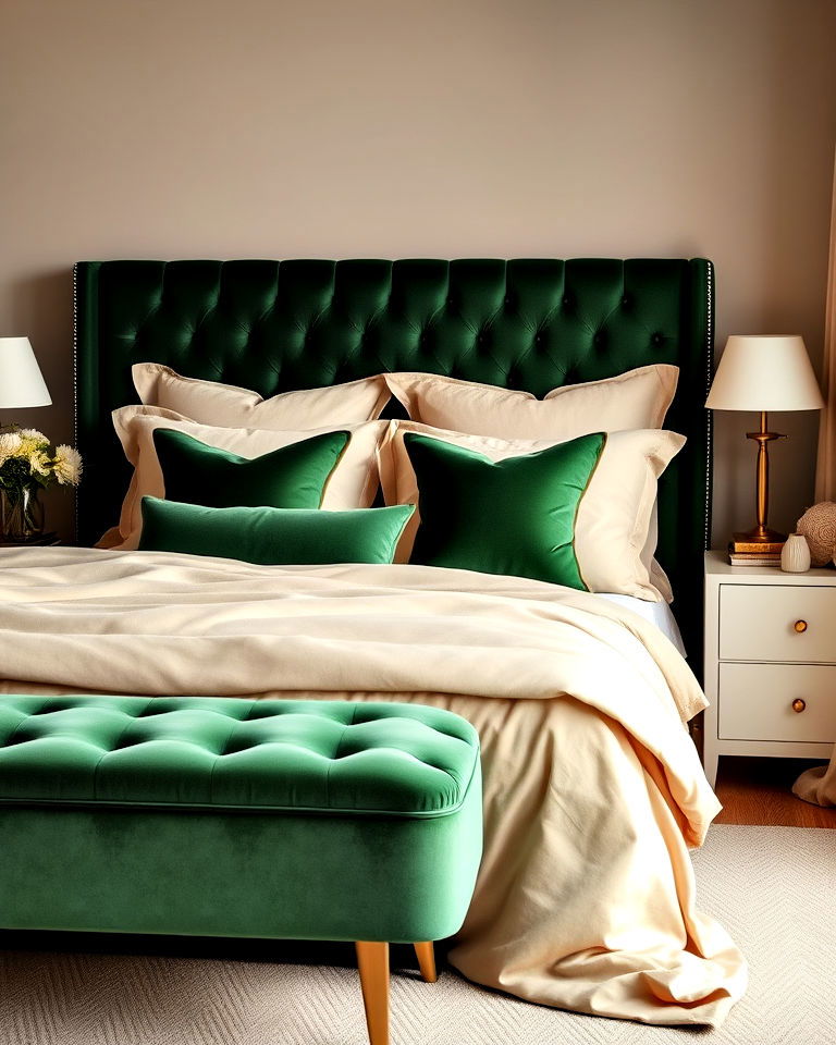 green velvet and beige linen for bedroom - 30 Green and Beige Bedroom Ideas