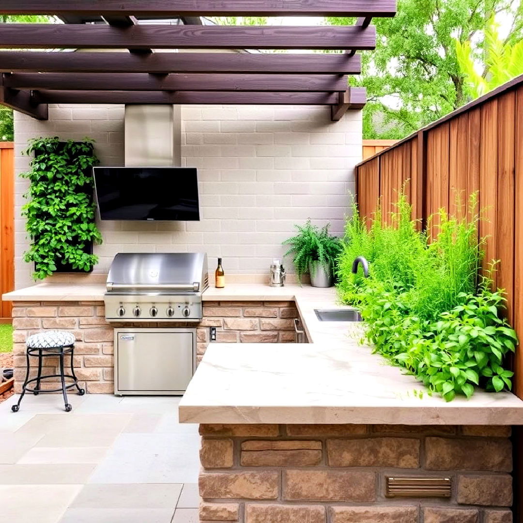 green wall for l shaped outdoor kitchen - 20 L Shaped Outdoor Kitchen Ideas