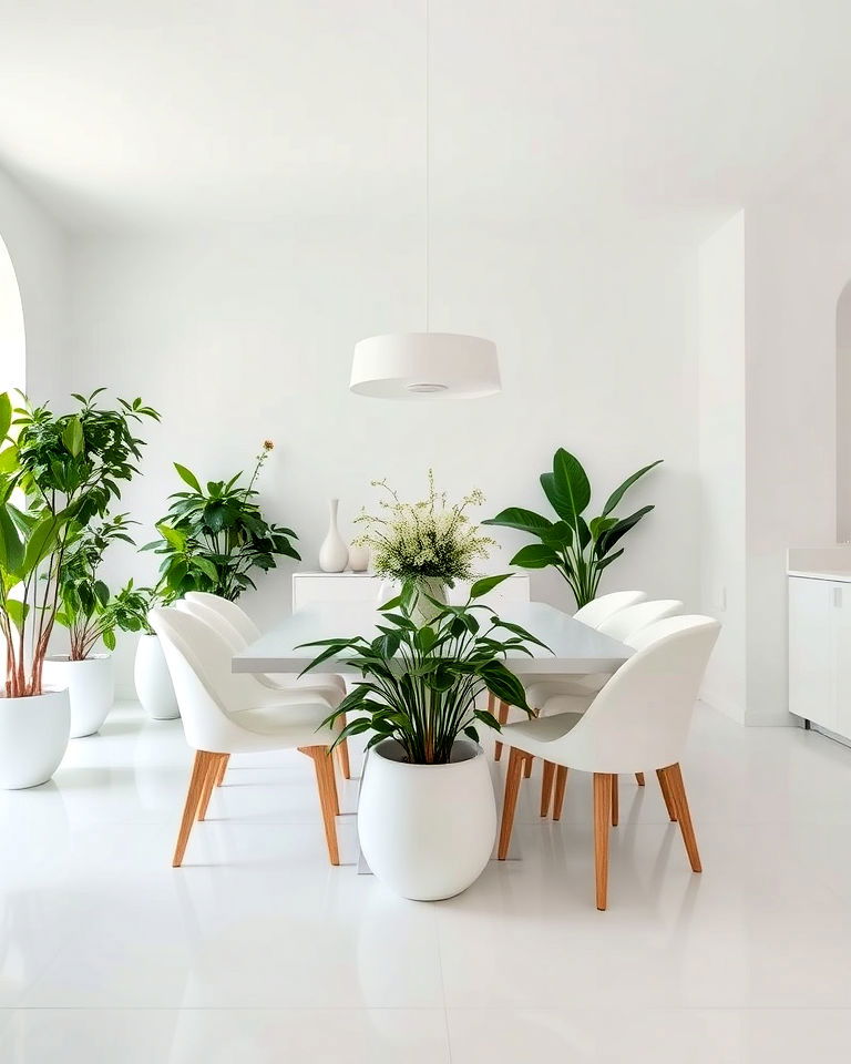 greenery accents for white dining room - 30 White Dining Room Ideas