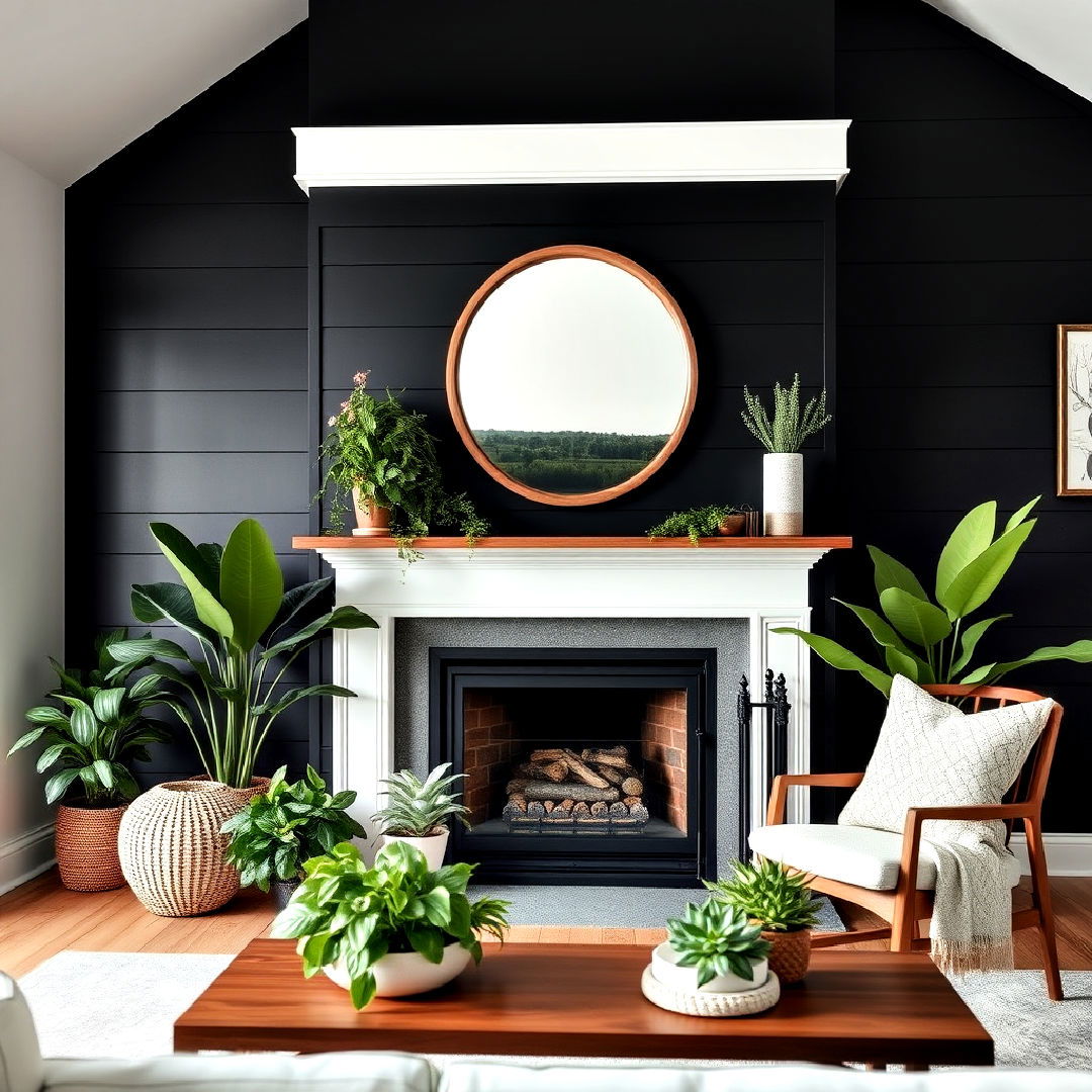 greenery for black shiplap fireplace - 40 Black Shiplap Fireplace Ideas