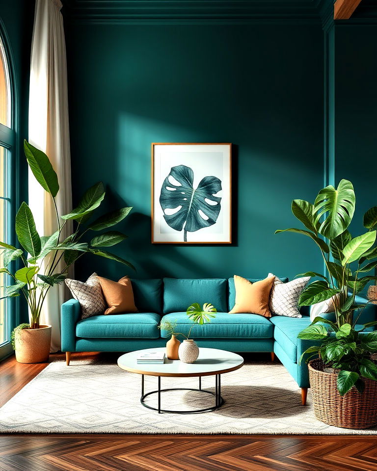 greenery to add natural touch - 20 Teal Couch Living Room Ideas