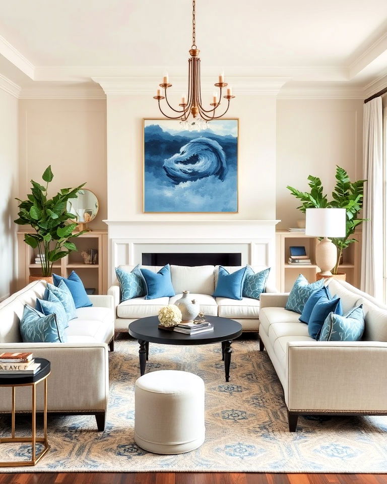 greige and blue accents for living room - 20 Greige Living Room Ideas