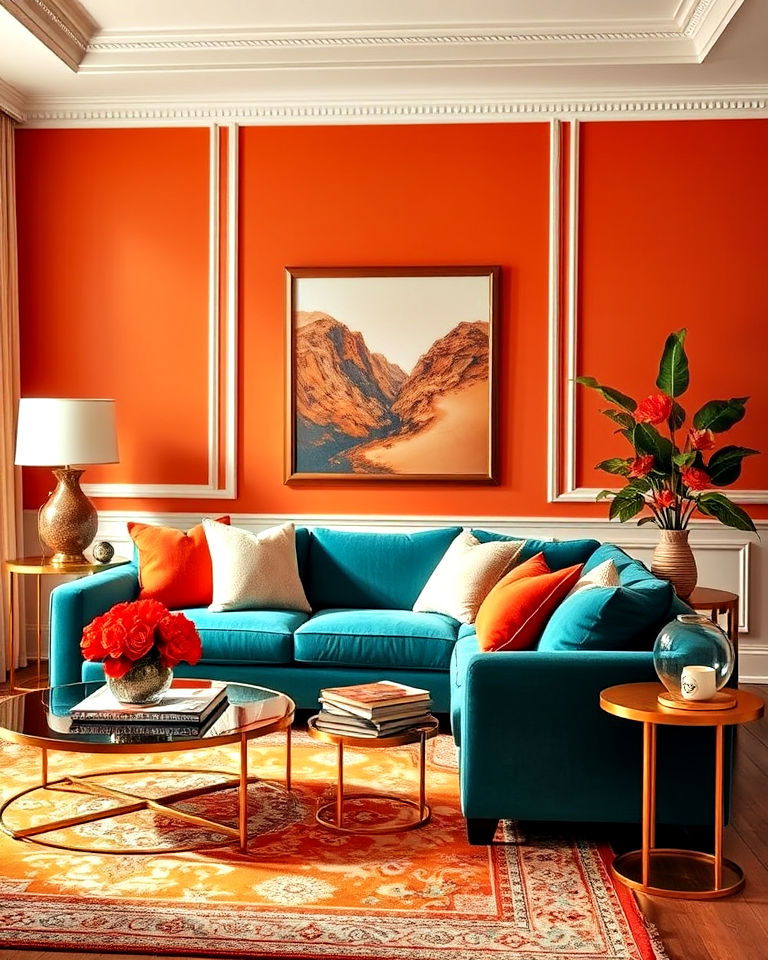 greige and green accents for living room - 20 Teal and Orange Color Scheme for Your Rooms