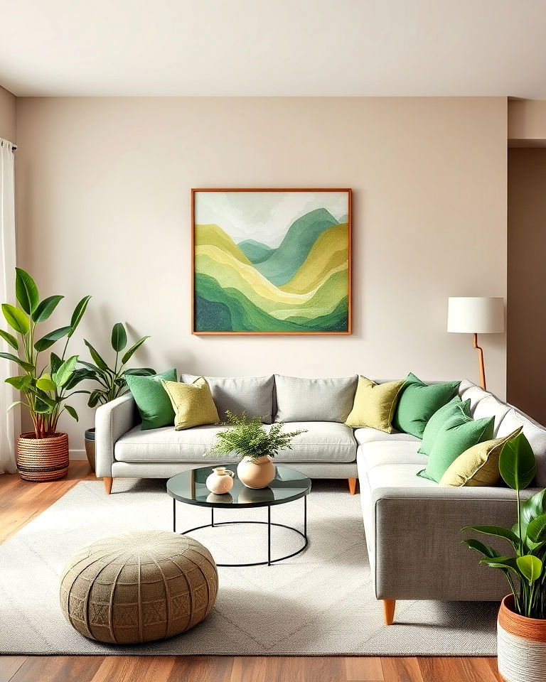 greige and green accents for living room - 20 Greige Living Room Ideas