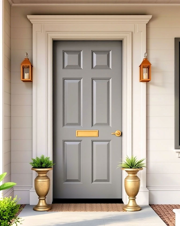greige front door with subtle metallic sheen - 25 Grey Front Door Ideas