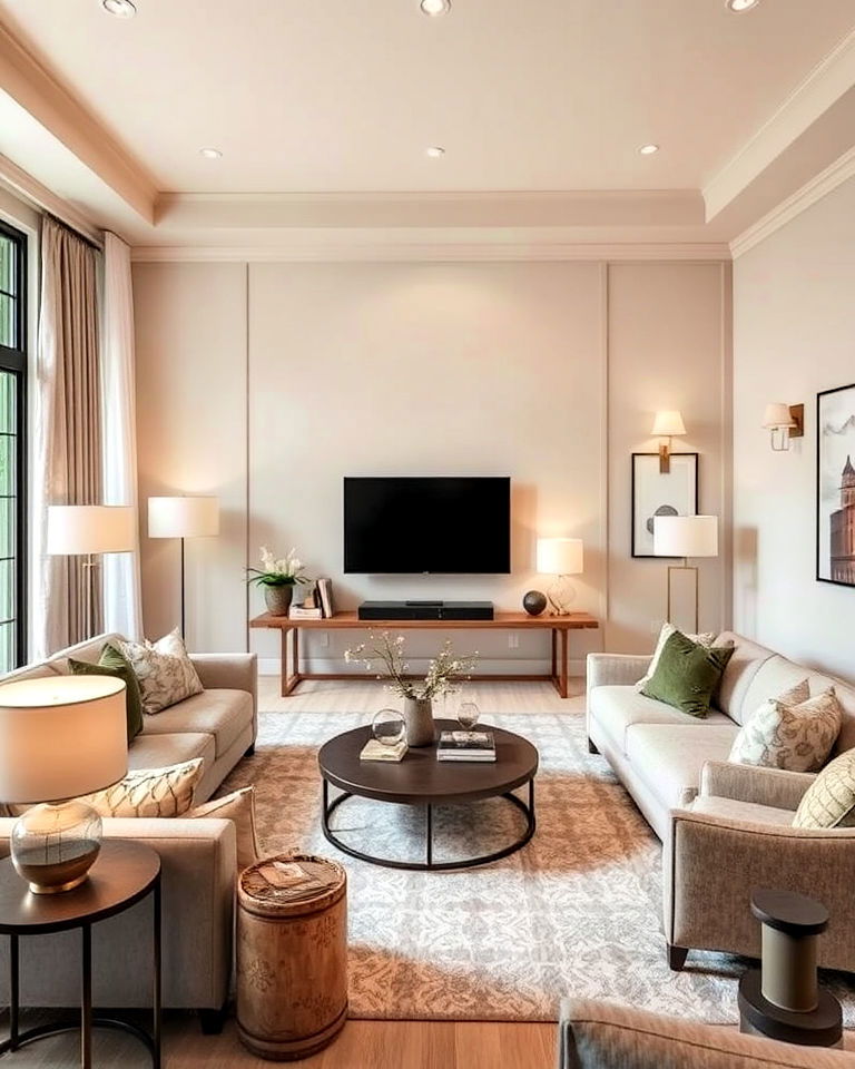 greige living room with layered lighting - 20 Greige Living Room Ideas