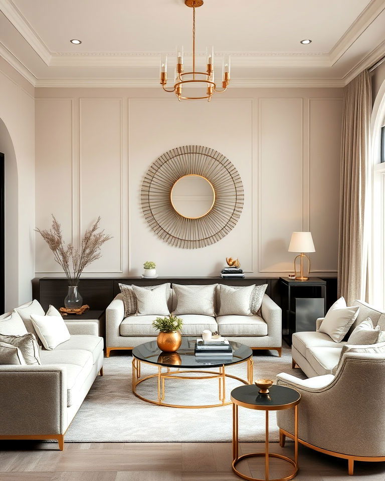 greige living room with metallic accents - 20 Greige Living Room Ideas