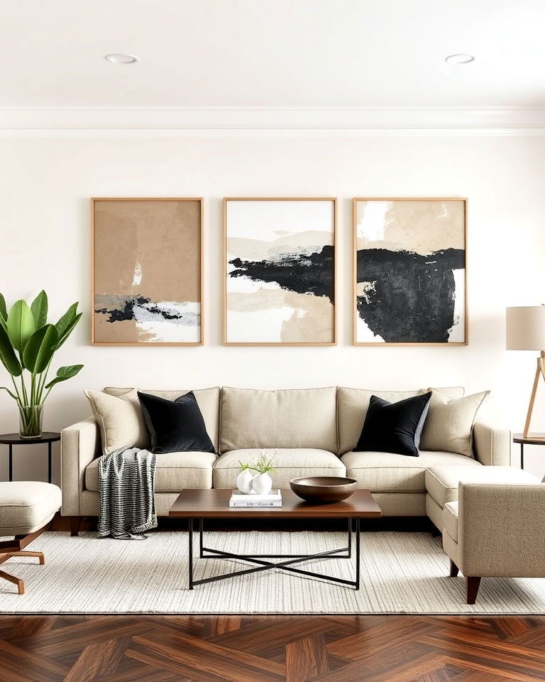greige living room with statement artwork - 20 Greige Living Room Ideas