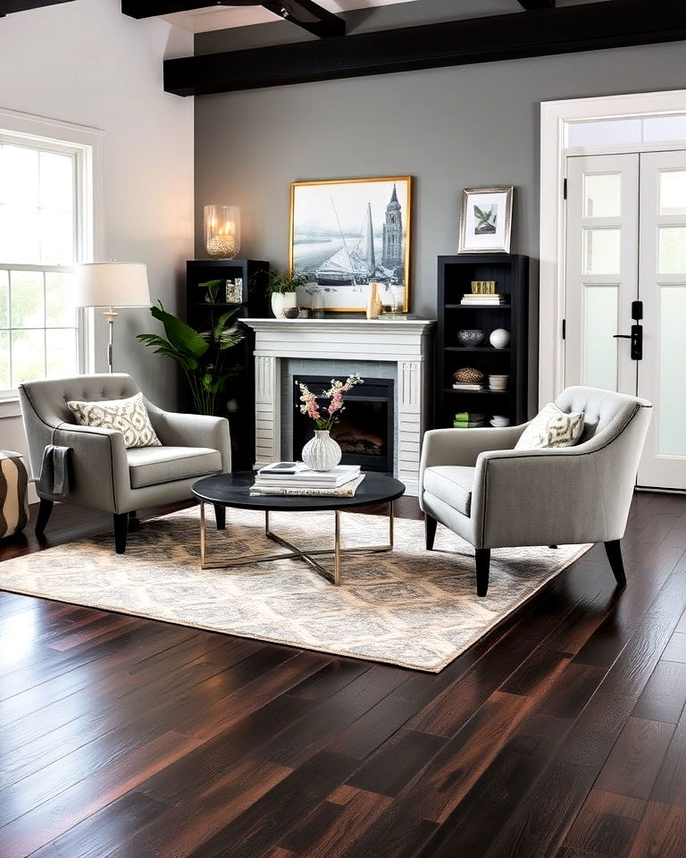 grey accent chairs for dark wood floor living room - 20 Grey Living Room With Dark Wood Floors