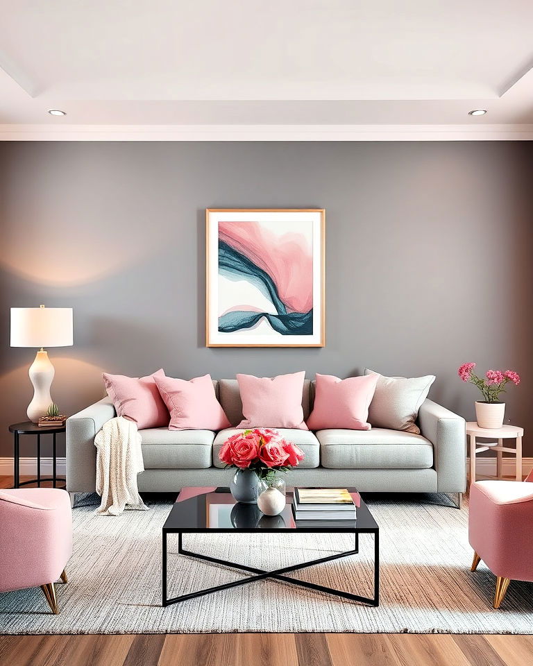 grey accent wall with pink decor for living room - 25 Pink and Grey Living Room Ideas
