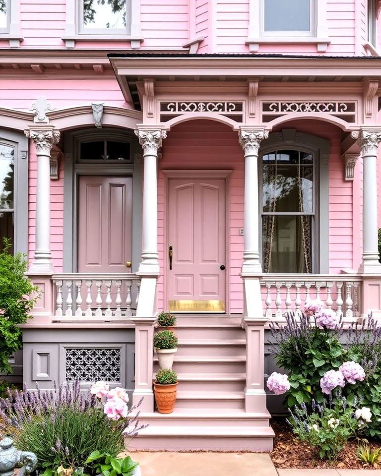 grey accents for blush pink victorian house - 25 Pink Victorian House Ideas