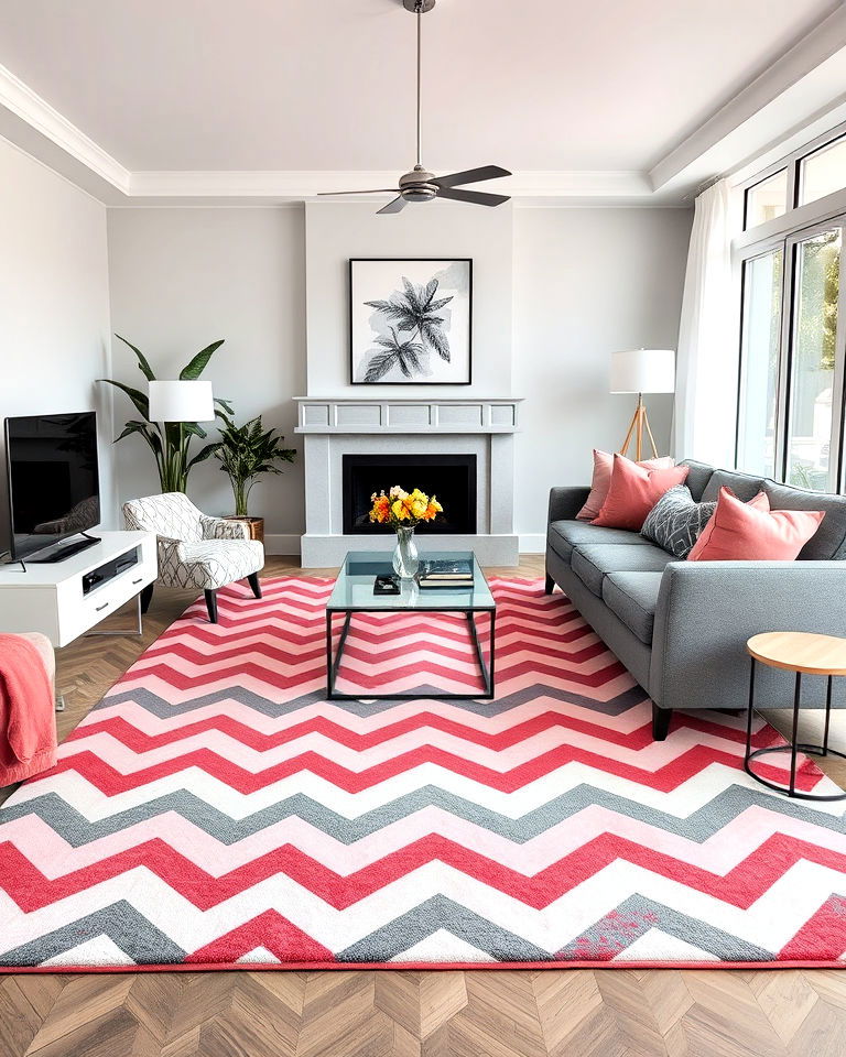 grey and pink chevron rug for living room - 25 Pink and Grey Living Room Ideas