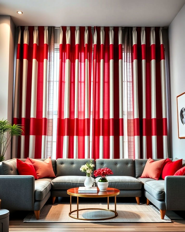 grey and red striped curtains for living room - 25 Red and Grey Living Room Ideas