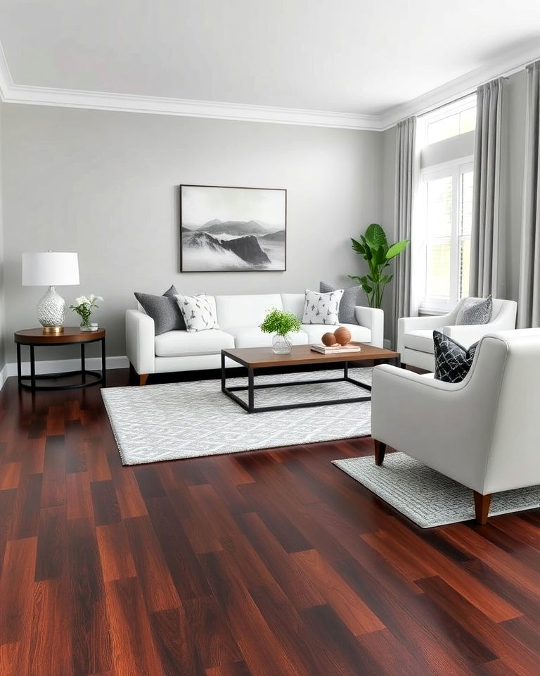 grey and white color scheme ideas - 20 Grey Living Room With Dark Wood Floors