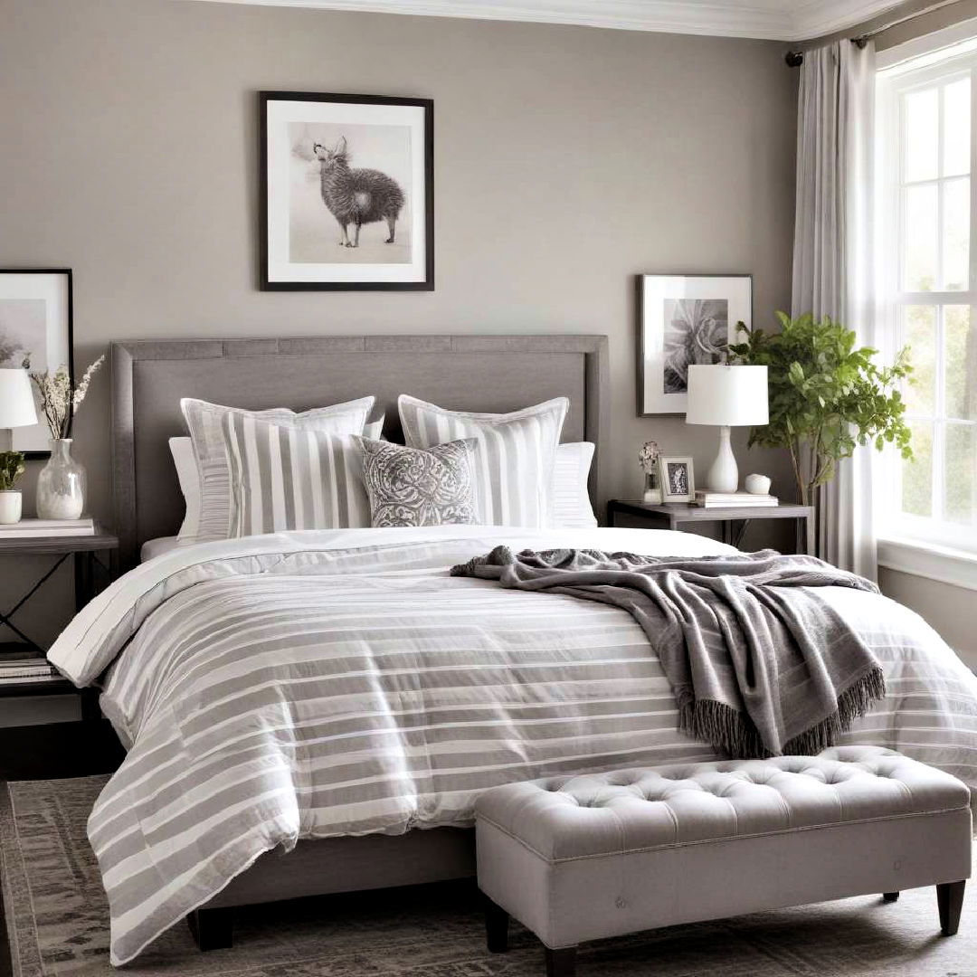 grey and white striped bedding - 40 Grey and White Bedroom Ideas