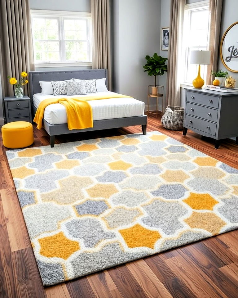 grey and yellow patterned rug for bedroom - 25 Yellow and Grey Bedroom Ideas