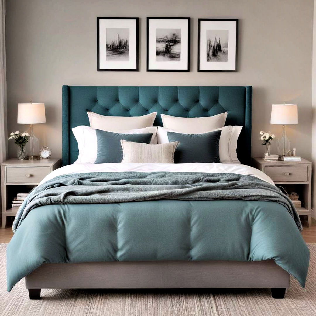 grey bed frame with teal headboard - 15 Teal and Grey Bedroom Ideas