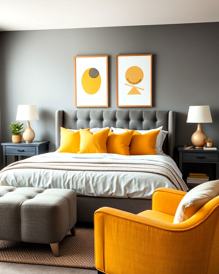 grey bedroom furniture with yellow throw pillows - 25 Yellow and Grey Bedroom Ideas