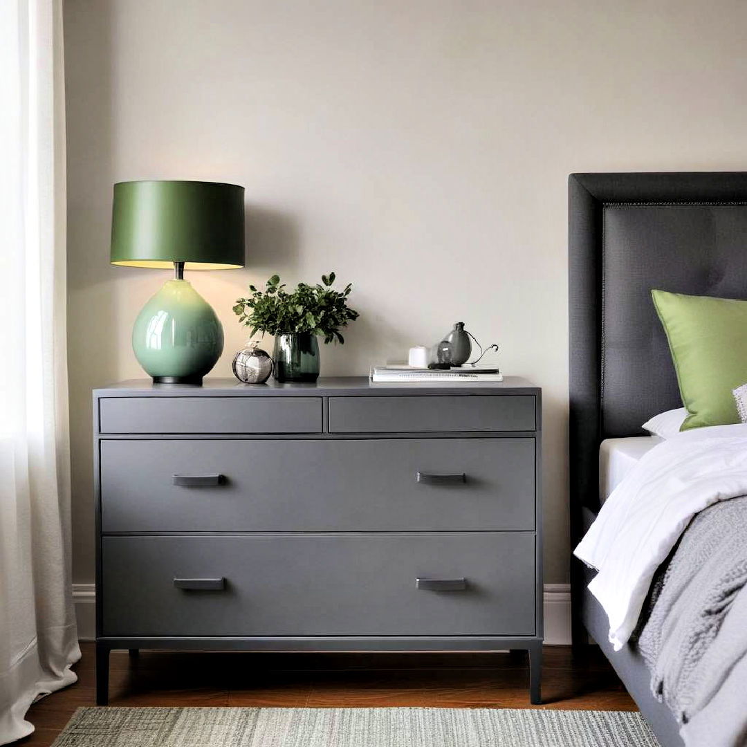 grey dresser and green lampshade - 20 Green and Grey Bedroom Ideas