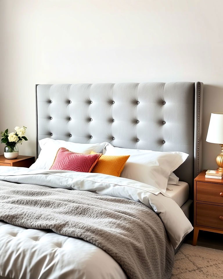 grey faux suede headboard for cozy bedroom - 25 Grey Headboard Bedroom Ideas