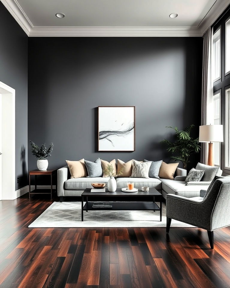 grey feature wall and dark wood living room floor - 20 Grey Living Room With Dark Wood Floors