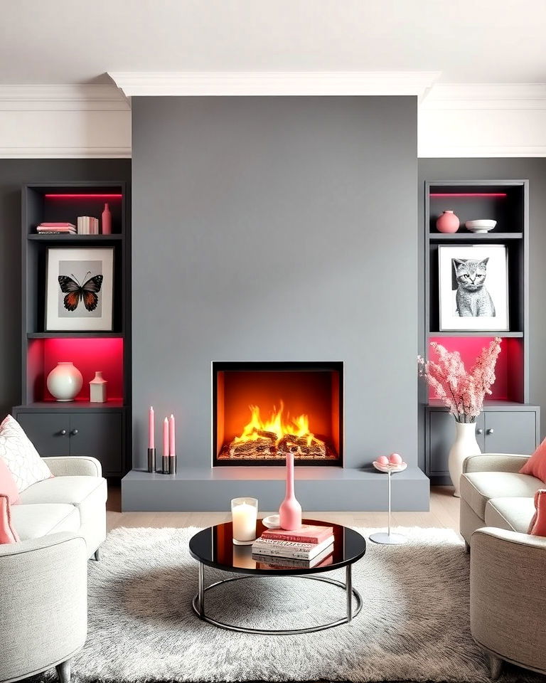 grey fireplace and pink accents for living room - 25 Pink and Grey Living Room Ideas