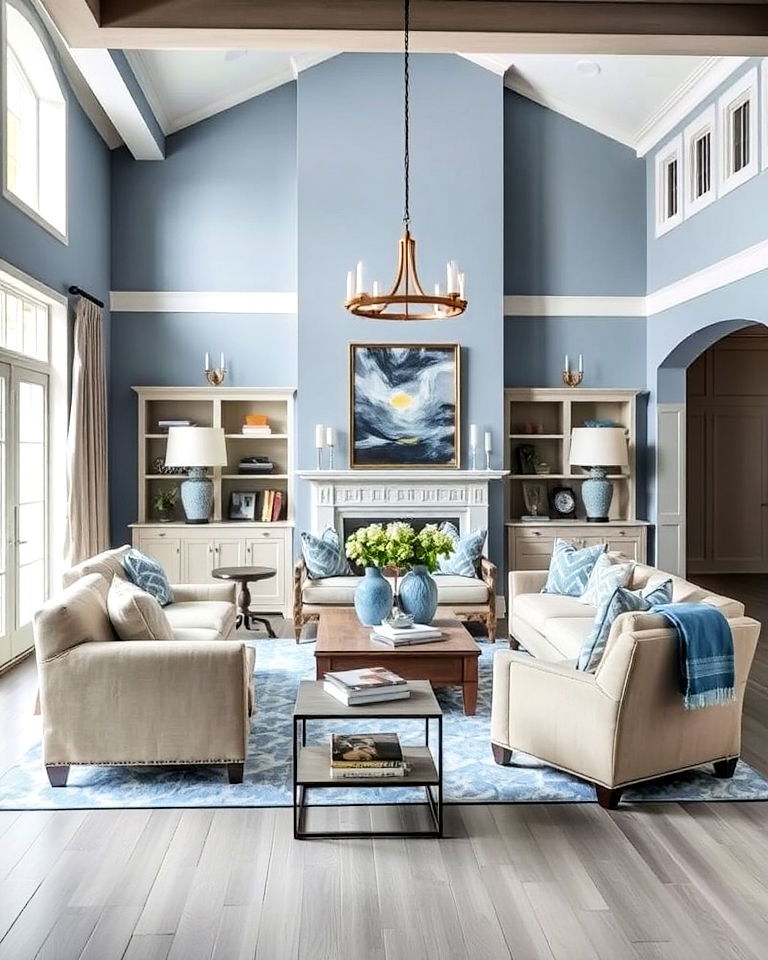 grey floors with soft blue walls for transitional living room - 20 Grey Floor Living Room With Blue Walls Ideas