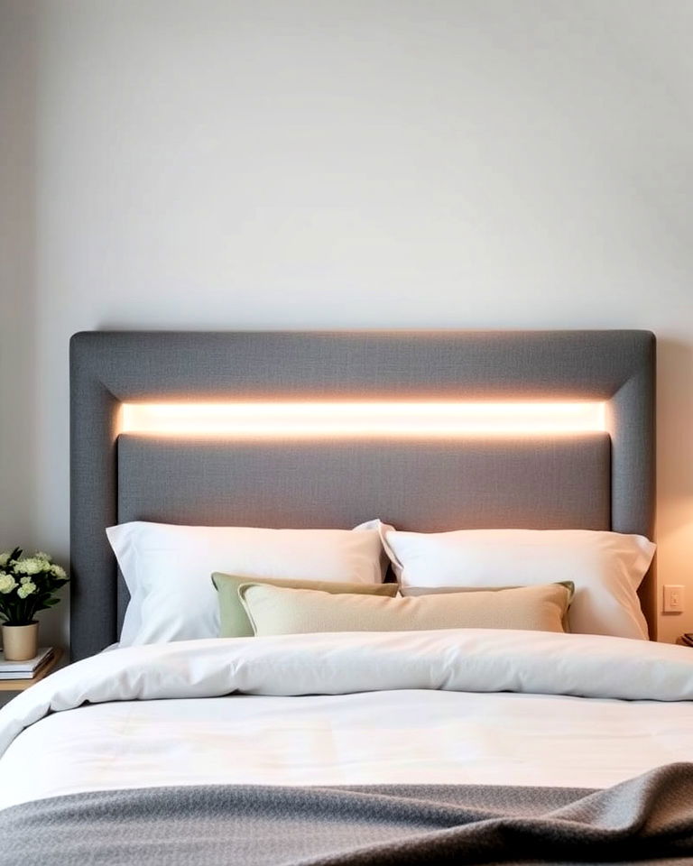 grey headboard with built in lighting - 25 Grey Headboard Bedroom Ideas