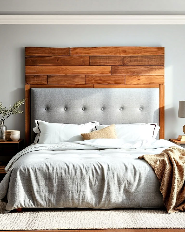 grey headboard with wooden accents - 25 Grey Headboard Bedroom Ideas