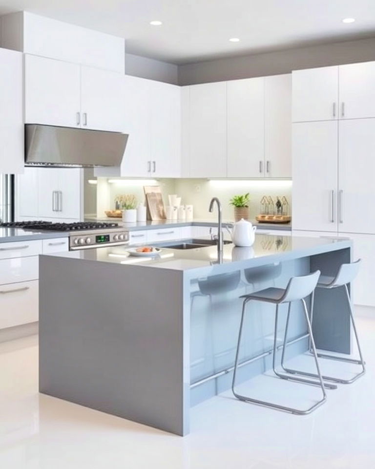grey island with a high gloss finish - 15 White Kitchen Cabinets With Grey Island Ideas