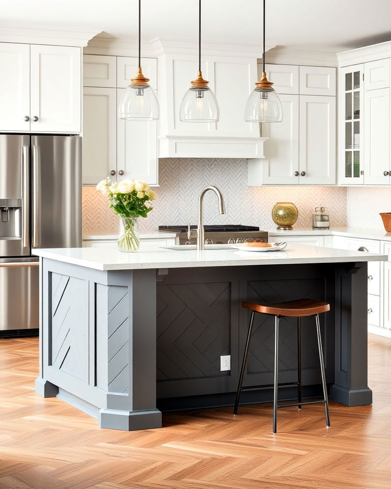grey island with geometric paneling and white cabinets - 15 White Kitchen Cabinets With Grey Island Ideas
