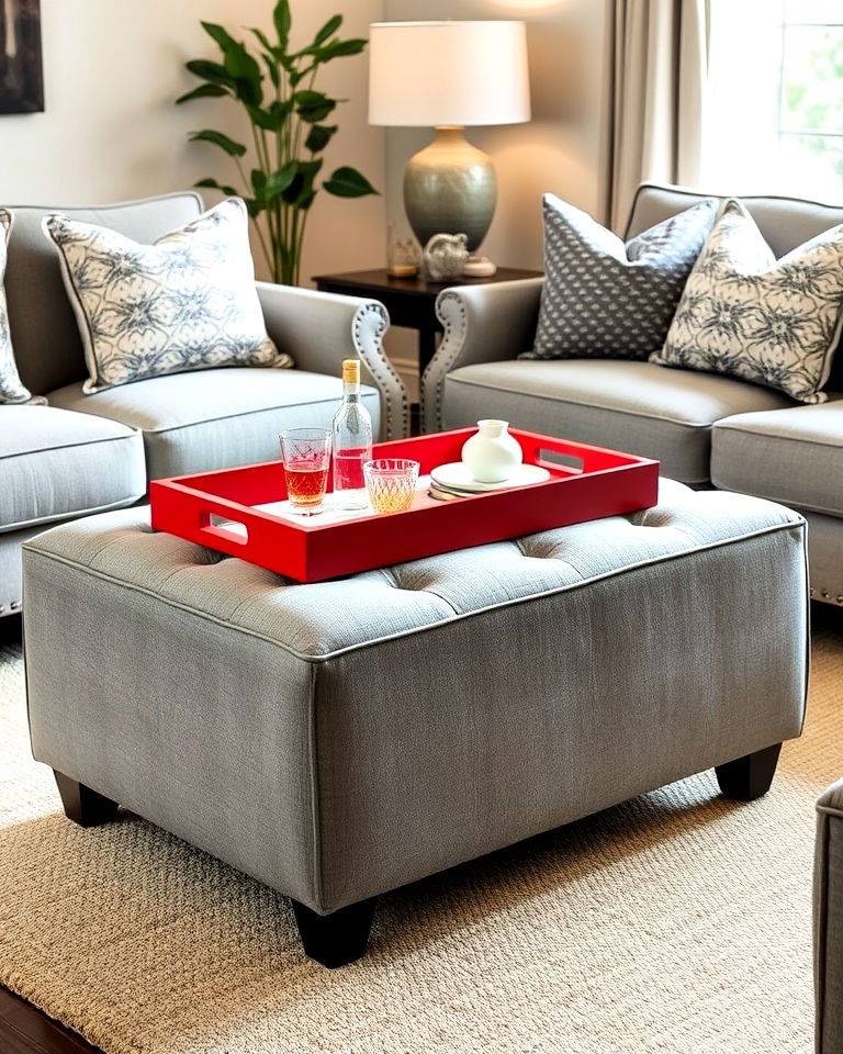 grey ottoman with red tray for living room - 25 Red and Grey Living Room Ideas