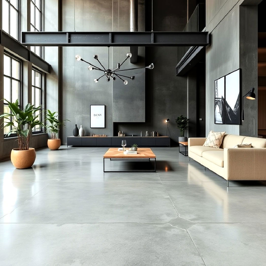 grey polished concrete flooring for industrial look - 25 Grey Flooring Living Room Ideas