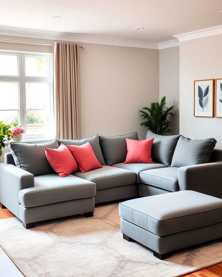 grey sectional and stylish pink cushions - 25 Pink and Grey Living Room Ideas