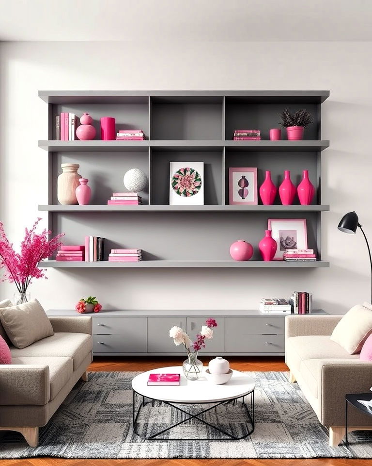 grey shelves with pink accessories for living room - 25 Pink and Grey Living Room Ideas
