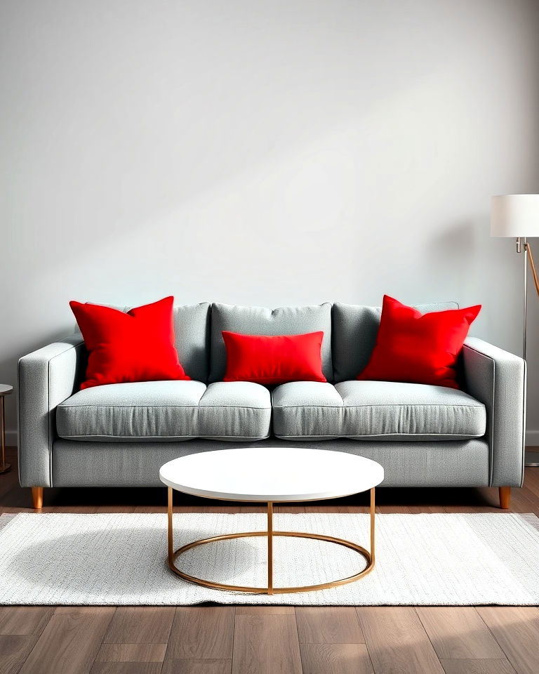 grey sofa and red accent pillows - 25 Red and Grey Living Room Ideas
